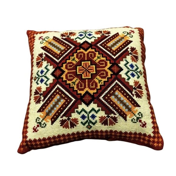 Vintage Needlepoint Throw Pillow Orange Folk Kitsch Grannycore Fall - Picture 1 of 4